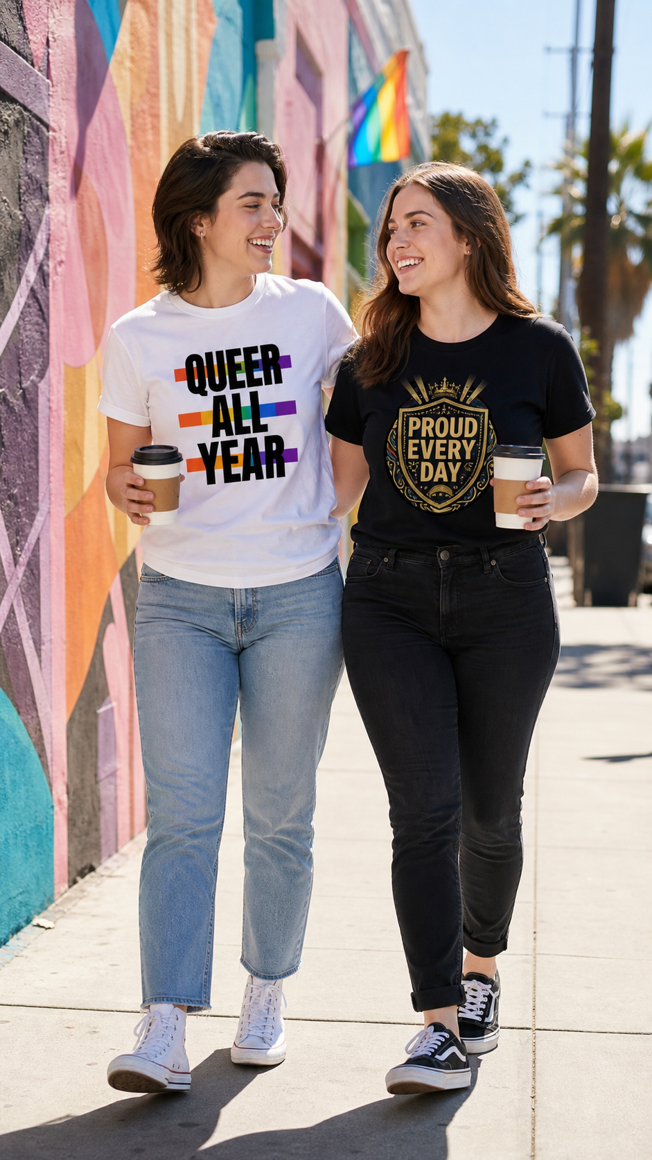 Flaunt It Proud Every Day Cabaret Crest black cotton unisex t-shirt worn by a woman walking on a sunny city street