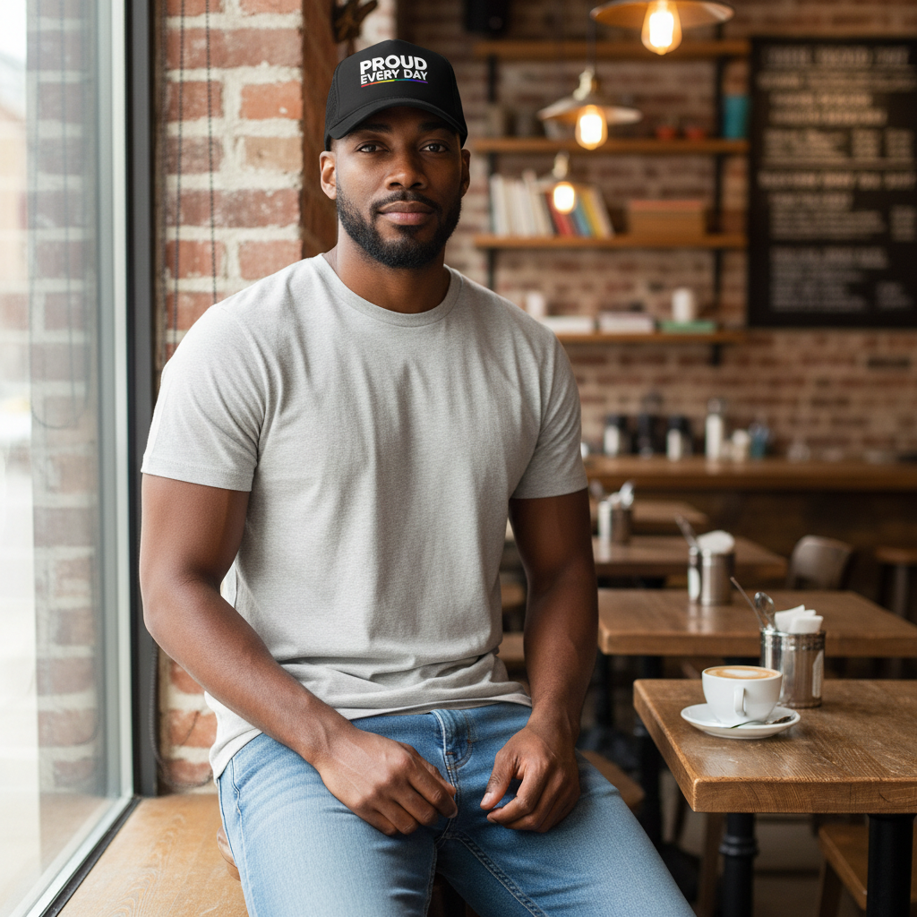 Flaunt It black structured 5-panel cap with Proud Every Day text and rainbow accent worn by a man in a coffee shop