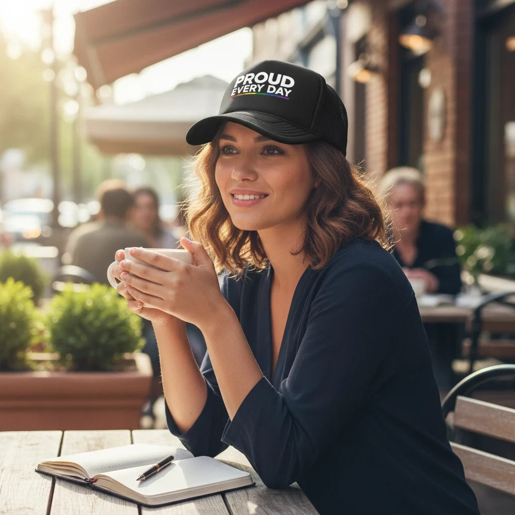 Woman wearing a black Flaunt It Proud Every Day 5-panel structured cap with rainbow text at a sunny outdoor cafe