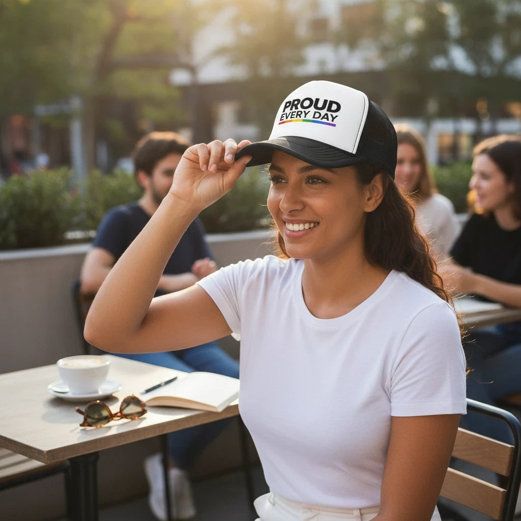 Flaunt It unisex structured 5-panel trucker cap with Proud Every Day text and rainbow accent on a white foam front.