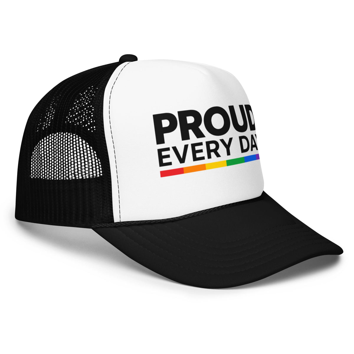 Flaunt It structured 5-panel trucker cap in black and white with Proud Every Day text and a rainbow accent line.