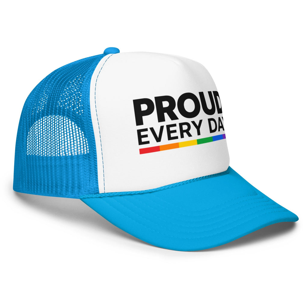 Flaunt It Proud Every Day unisex trucker cap in bright blue and white with a rainbow accent line on the front panel.