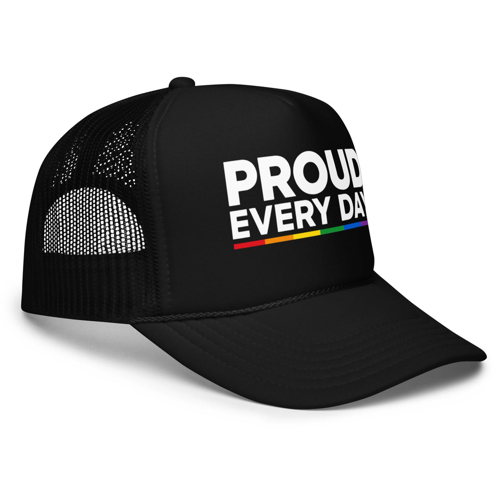 Flaunt It black structured trucker cap with Proud Every Day text and a rainbow accent line on the front panel.