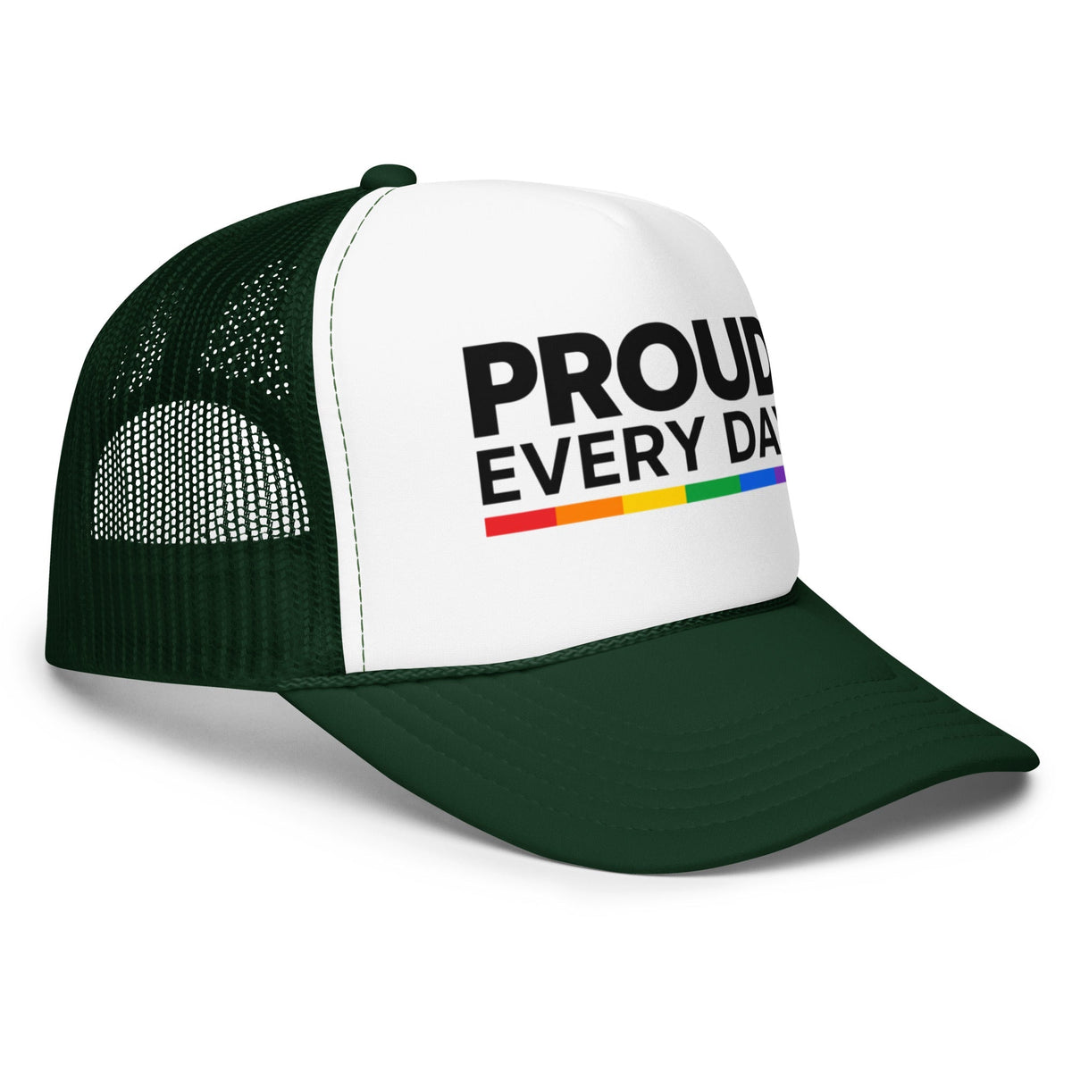 Flaunt It Proud Every Day unisex structured 5-panel trucker cap with green mesh back and rainbow accent text.