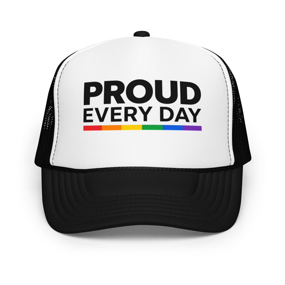 Flaunt It Proud Every Day structured 5-panel trucker cap with black and white design and rainbow accent line