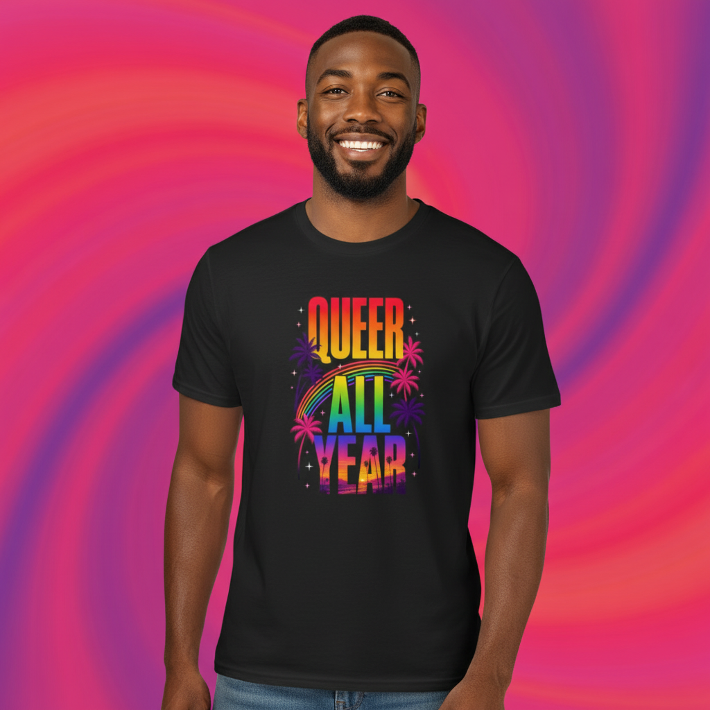 Flaunt It black crew neck cotton t-shirt featuring a colorful Queer All Year graphic with palm trees and a rainbow.