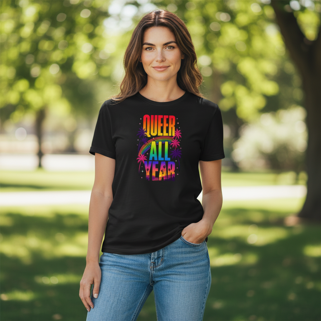 Woman wearing a black Flaunt It premium cotton t-shirt with a colorful Queer All Year graphic and palm tree design.