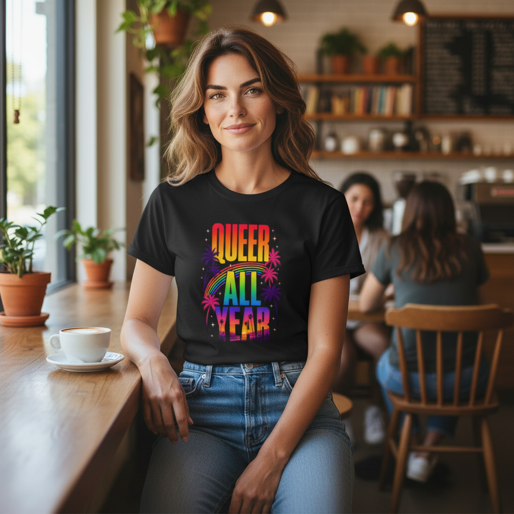 Woman wearing a black Flaunt It premium cotton crew neck tee with a colorful Queer All Year West Hollywood marquee graphic