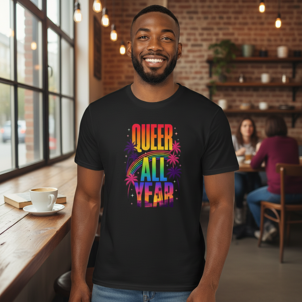 Flaunt It black unisex crew neck cotton tee featuring a colorful Queer All Year graphic with palm trees and rainbow.