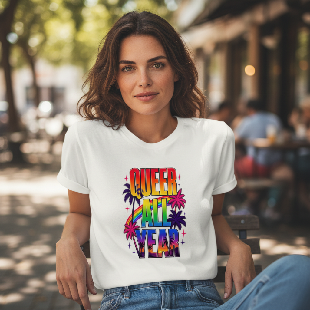 A woman wearing a Flaunt It white crew neck cotton t-shirt featuring a colorful Queer All Year palm tree graphic.