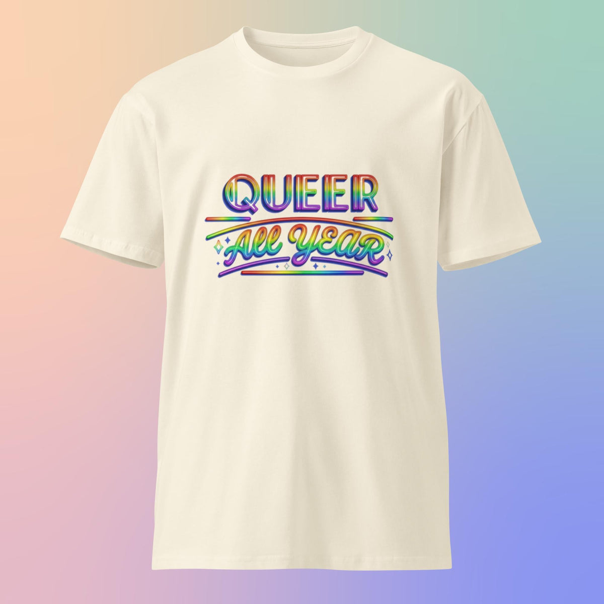 Flaunt It cream unisex crew neck t-shirt featuring Queer All Year text in a bold neon rainbow gradient design.