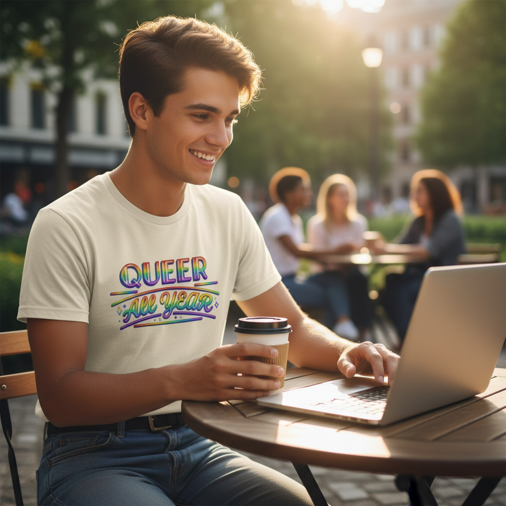 Flaunt It unisex crew neck tee with Queer All Year neon rainbow graphic worn by a man working on a laptop outdoors