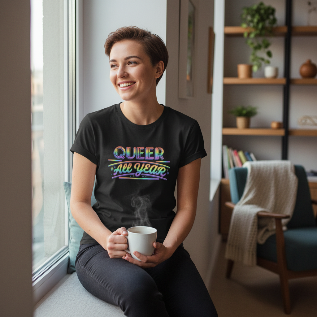Flaunt It black unisex crew neck t-shirt with neon rainbow Queer All Year graphic worn by a smiling woman with coffee