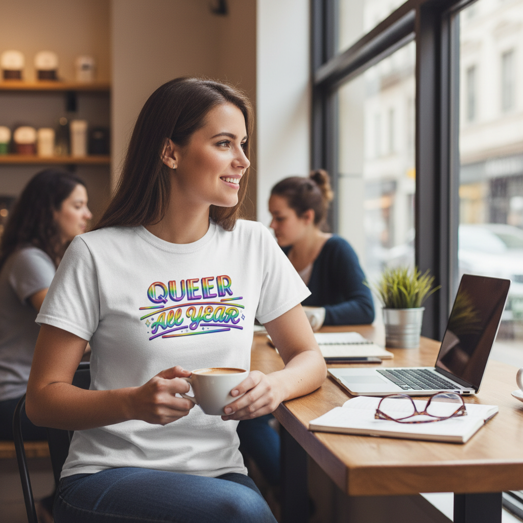 Flaunt It white unisex crew neck t-shirt with Queer All Year neon rainbow graphic, worn by a woman in a cafe.