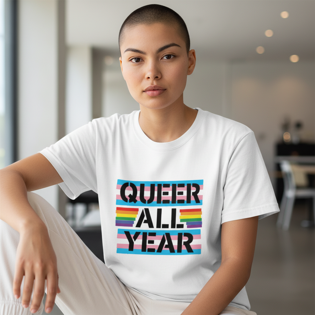 Flaunt It white cotton crew neck t-shirt featuring Queer All Year text over trans pride flag stripes on a model
