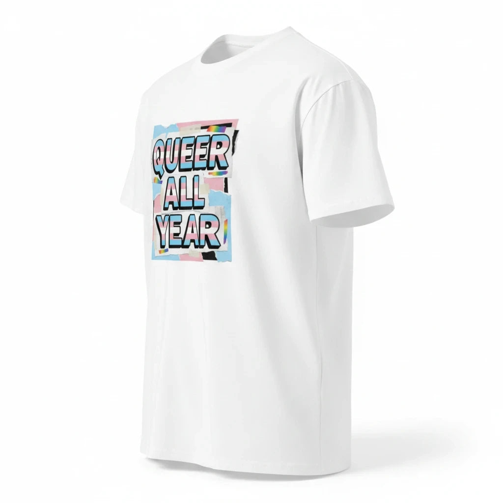 Flaunt It white unisex crew neck cotton t-shirt featuring a Queer All Year graphic with trans pride flag colors.