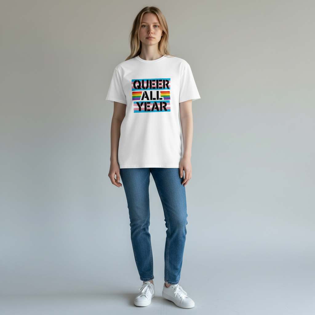 Flaunt It white cotton crew neck t-shirt with Queer All Year trans-stripe graphic worn by a woman with jeans.
