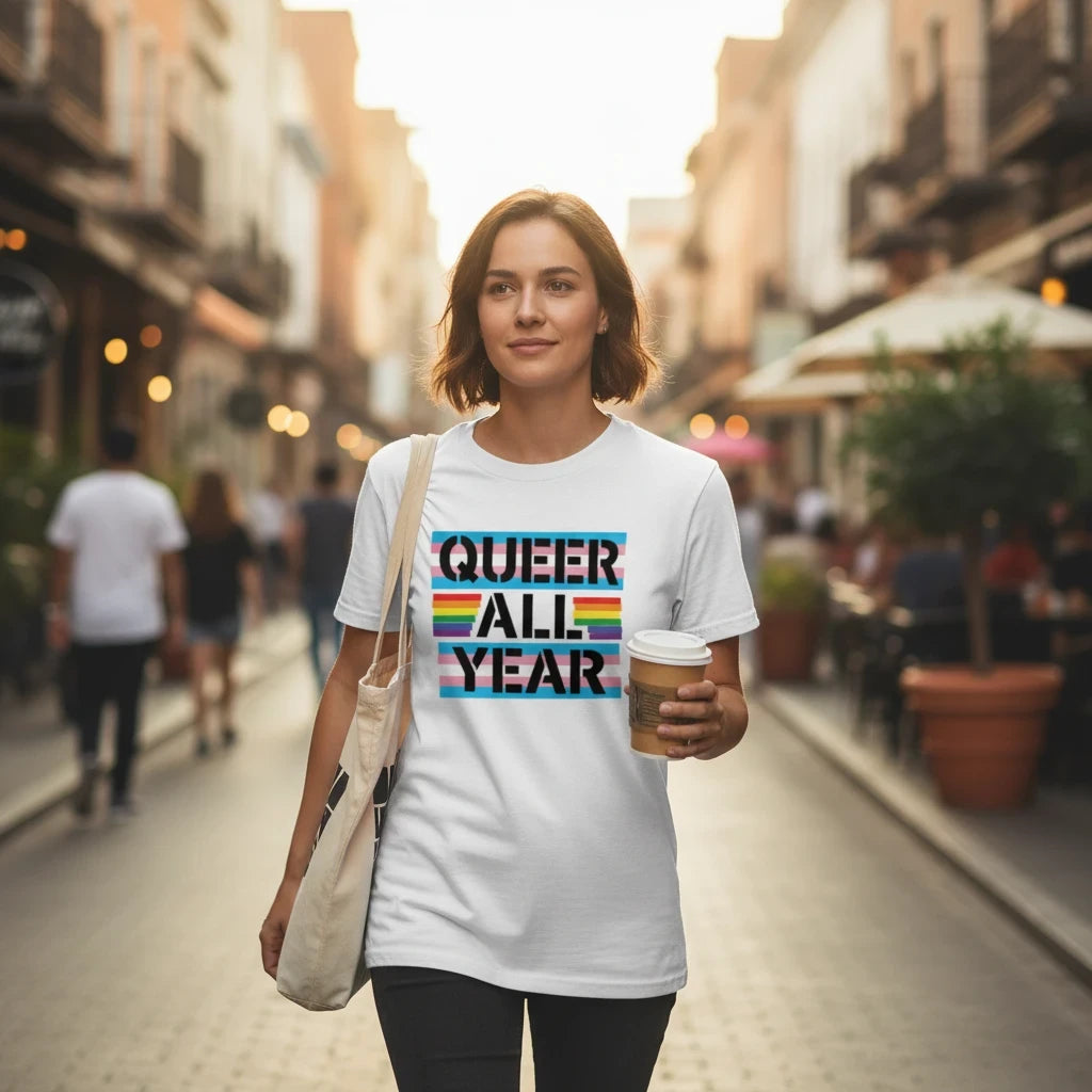 Flaunt It white cotton crew neck t-shirt with Queer All Year text in trans pride flag colors worn by a woman outdoors