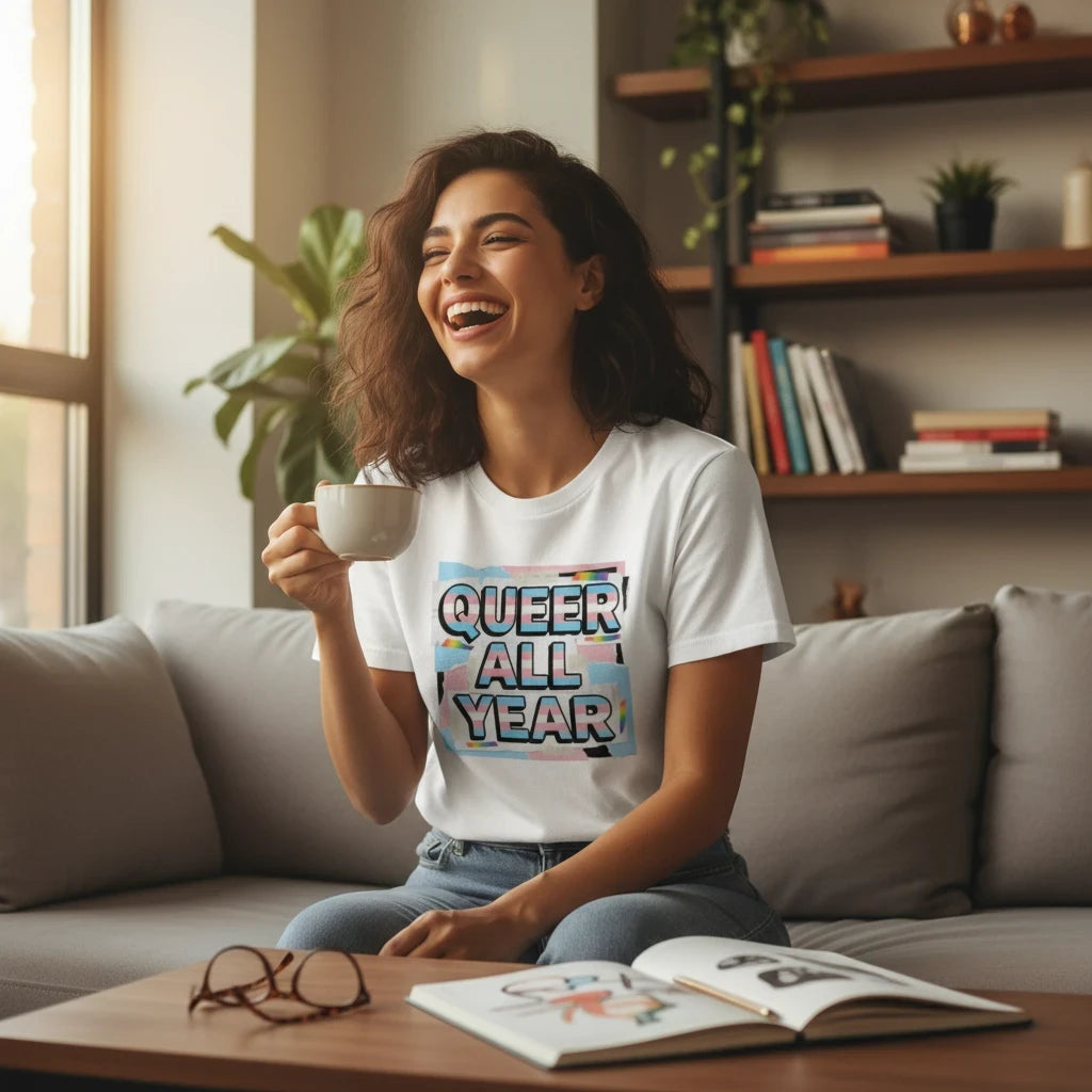 Flaunt It white cotton unisex t-shirt featuring Queer All Year text in trans pride colors worn by a smiling woman.