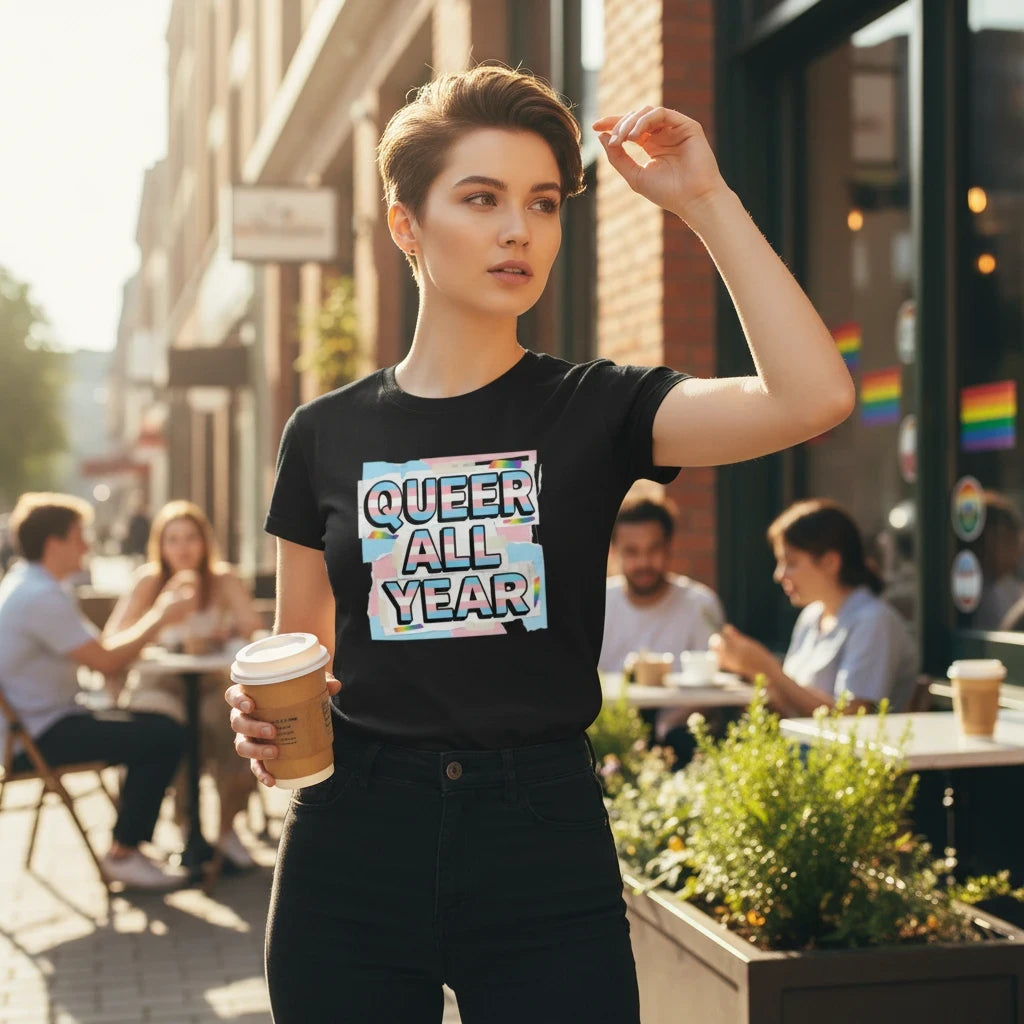Flaunt It black crew neck cotton t-shirt with Queer All Year trans pride graphic worn by a person at a cafe