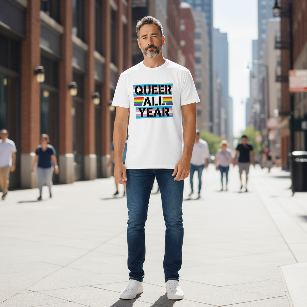 Flaunt It white cotton crew neck t-shirt with Queer All Year trans pride flag graphic worn by a man on a city street