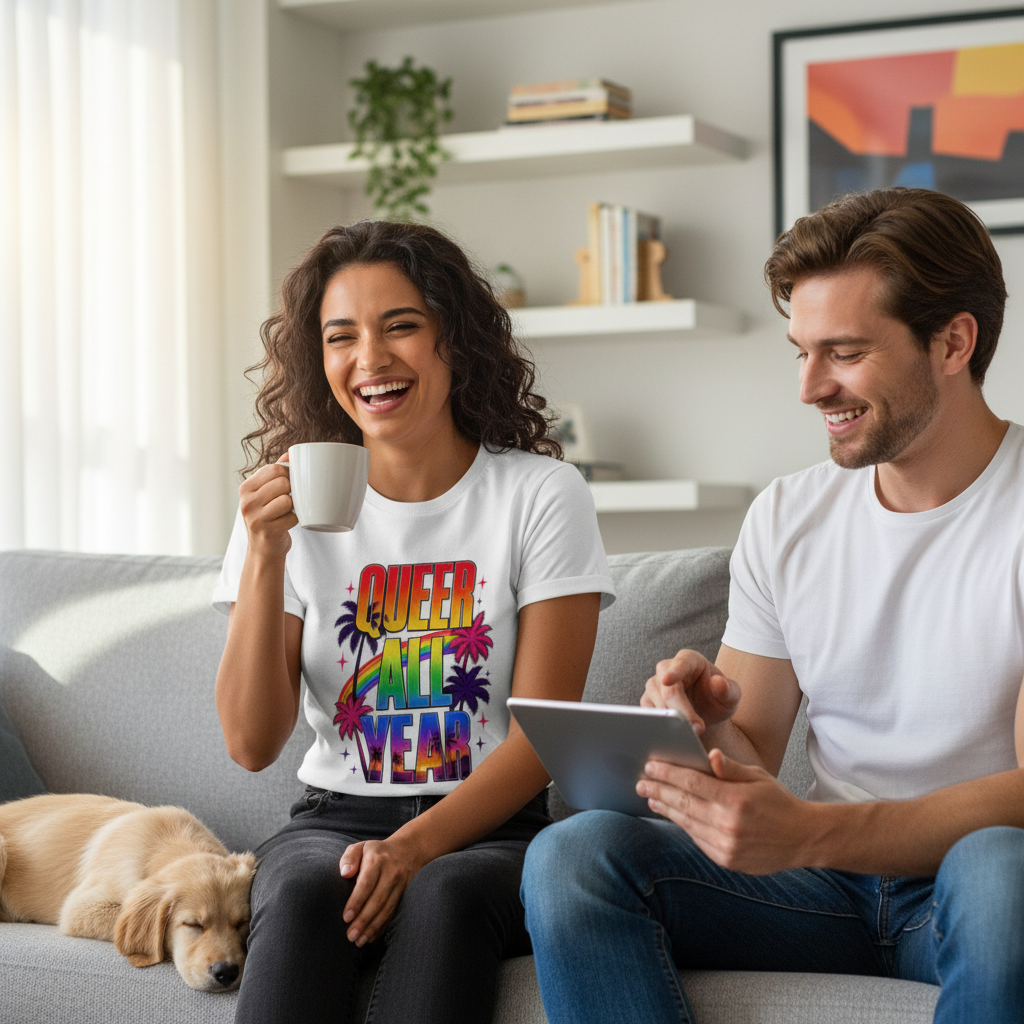 Flaunt It premium white cotton unisex tee with Queer All Year graphic featuring palm trees and rainbow sunset design.