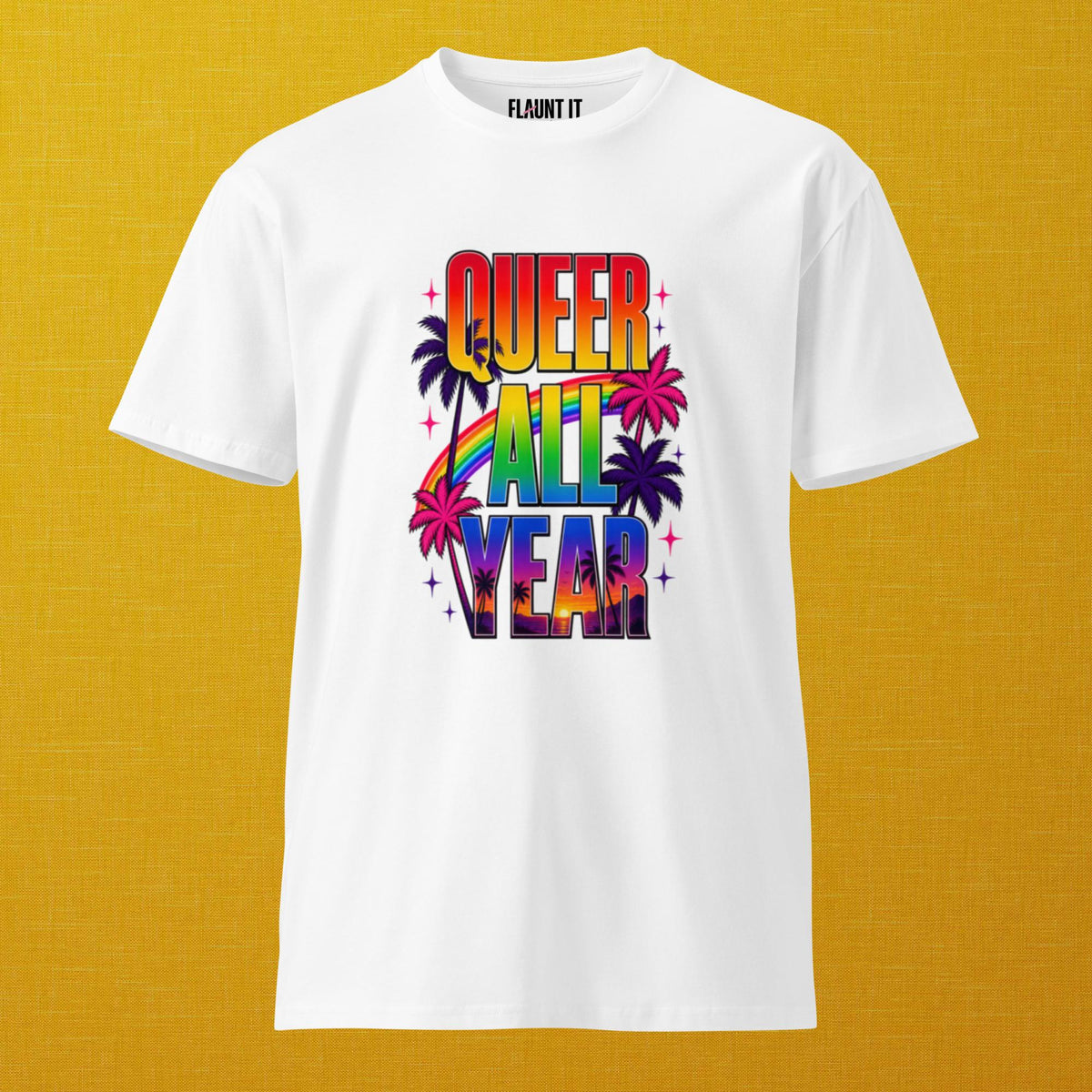 Flaunt It white cotton crew neck t-shirt featuring a colorful Queer All Year graphic with palm trees and a rainbow.