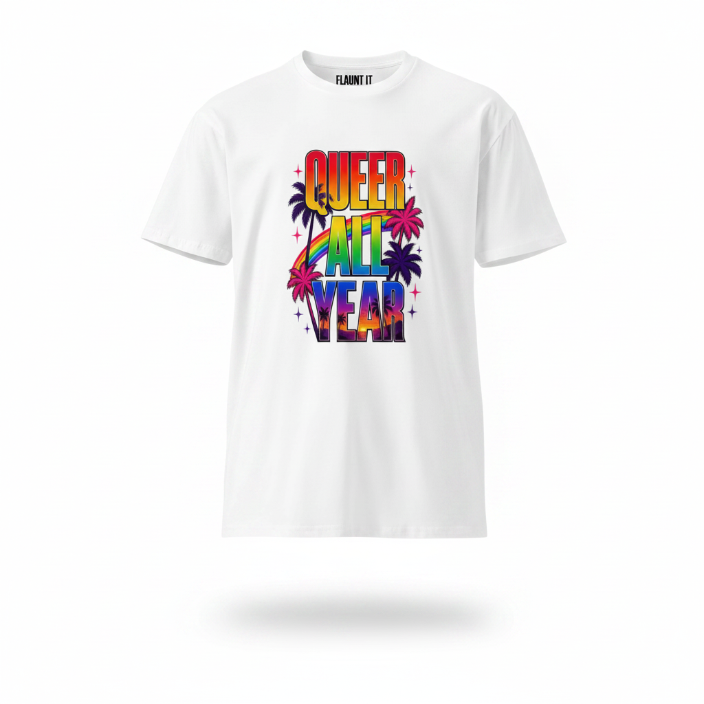 Flaunt It white premium cotton crew neck t-shirt featuring a colorful Queer All Year graphic with palm trees