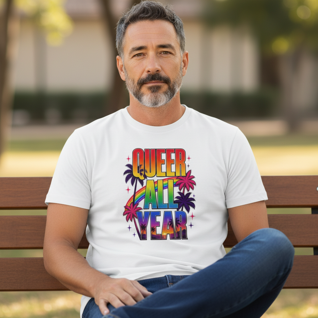 A man wearing a Flaunt It white cotton crew neck t-shirt with a colorful Queer All Year graphic and palm trees.