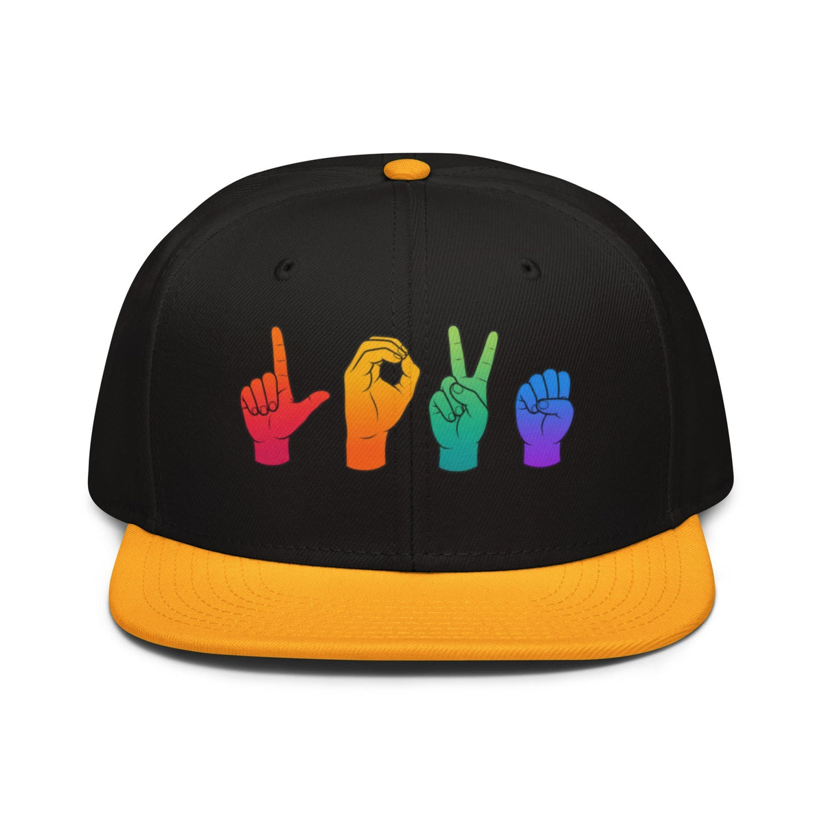 Flaunt It black snapback cap featuring a rainbow LOVE American Sign Language graphic on the front with a yellow visor.