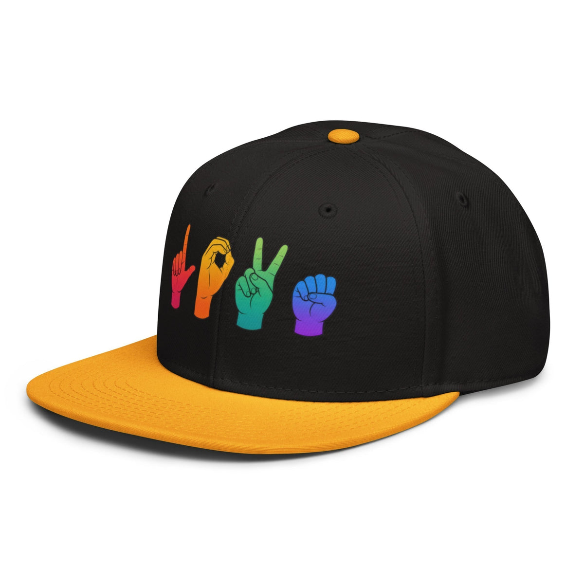 Flaunt It snapback cap featuring rainbow American Sign Language LOVE hand signs on a black hat with a yellow visor.