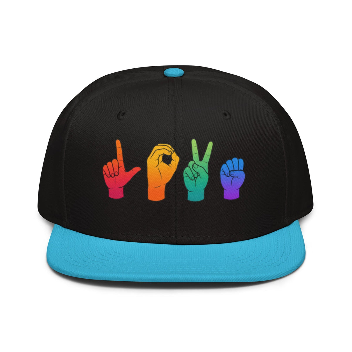 Flaunt It snapback cap featuring a colorful rainbow LOVE American Sign Language graphic on a black and blue hat.
