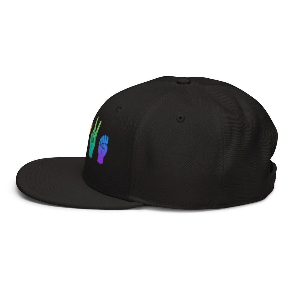 Flaunt It black snapback cap featuring a colorful rainbow LOVE American Sign Language hand sign embroidery