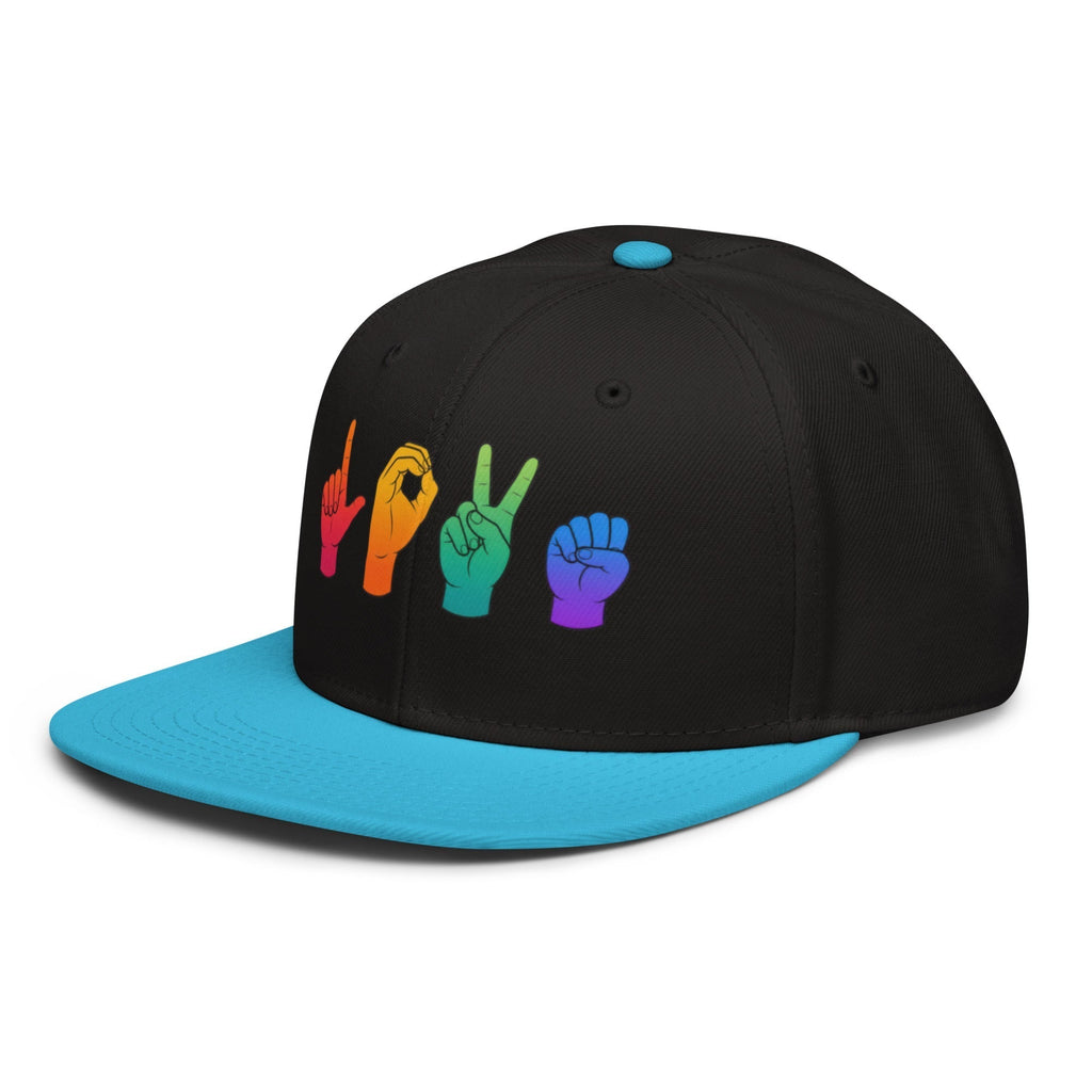 Flaunt It snapback cap featuring a rainbow LOVE American Sign Language hand gesture design on a black and blue hat.