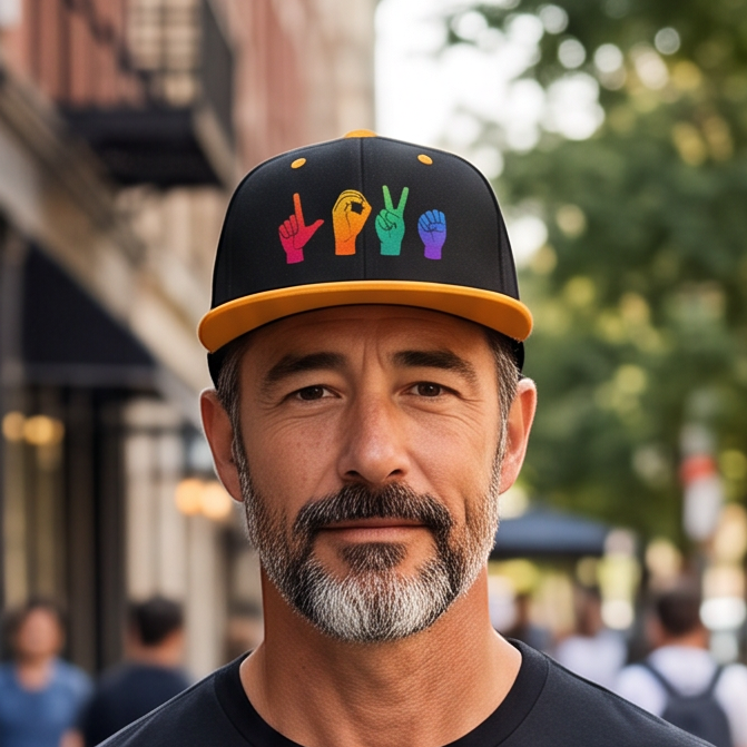 Flaunt It snapback cap featuring rainbow American Sign Language LOVE hand signs on a black structured hat.