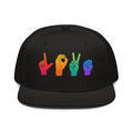 Flaunt It black snapback cap featuring the word LOVE spelled out in colorful rainbow American Sign Language hands.