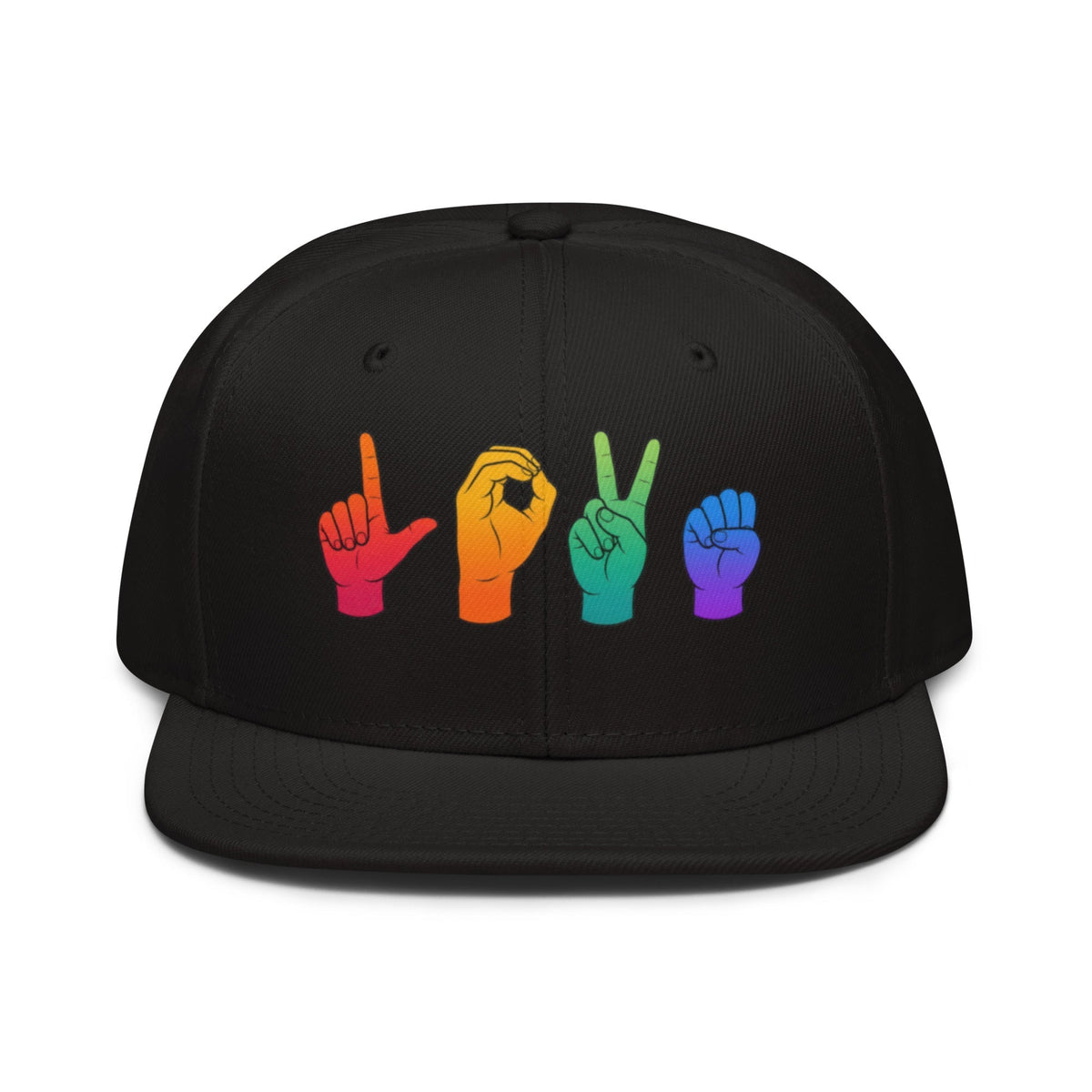 Flaunt It black snapback cap featuring the word LOVE spelled out in colorful rainbow American Sign Language hands.