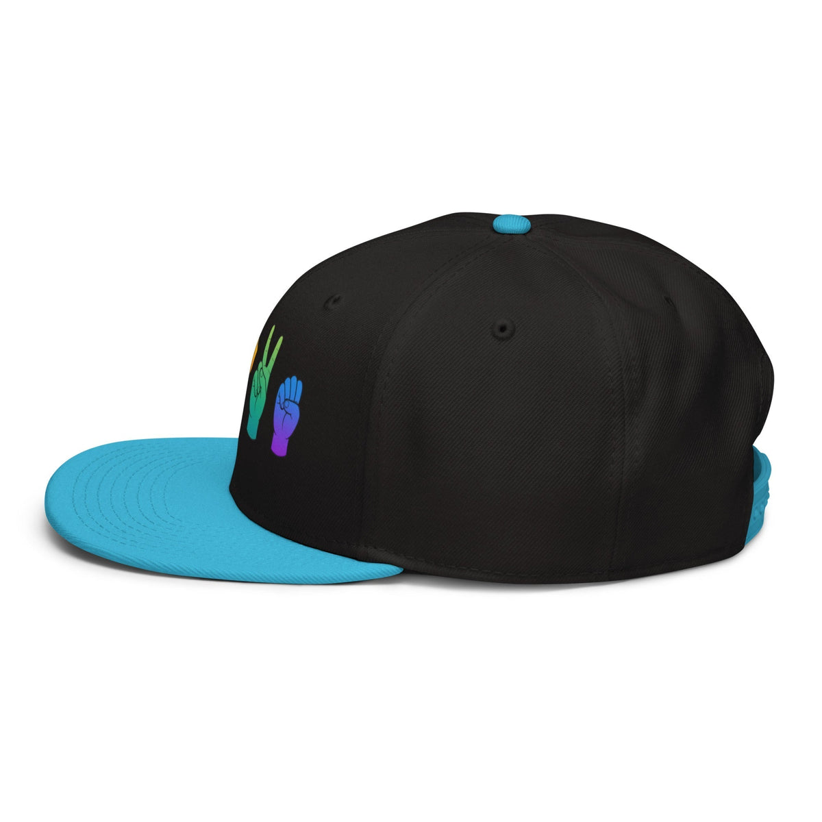 Flaunt It black snapback cap featuring rainbow American Sign Language LOVE hand signs on the front with blue visor