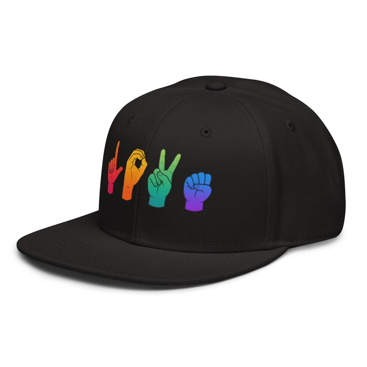 Flaunt It black snapback cap featuring the word LOVE spelled in colorful rainbow American Sign Language hand signs.