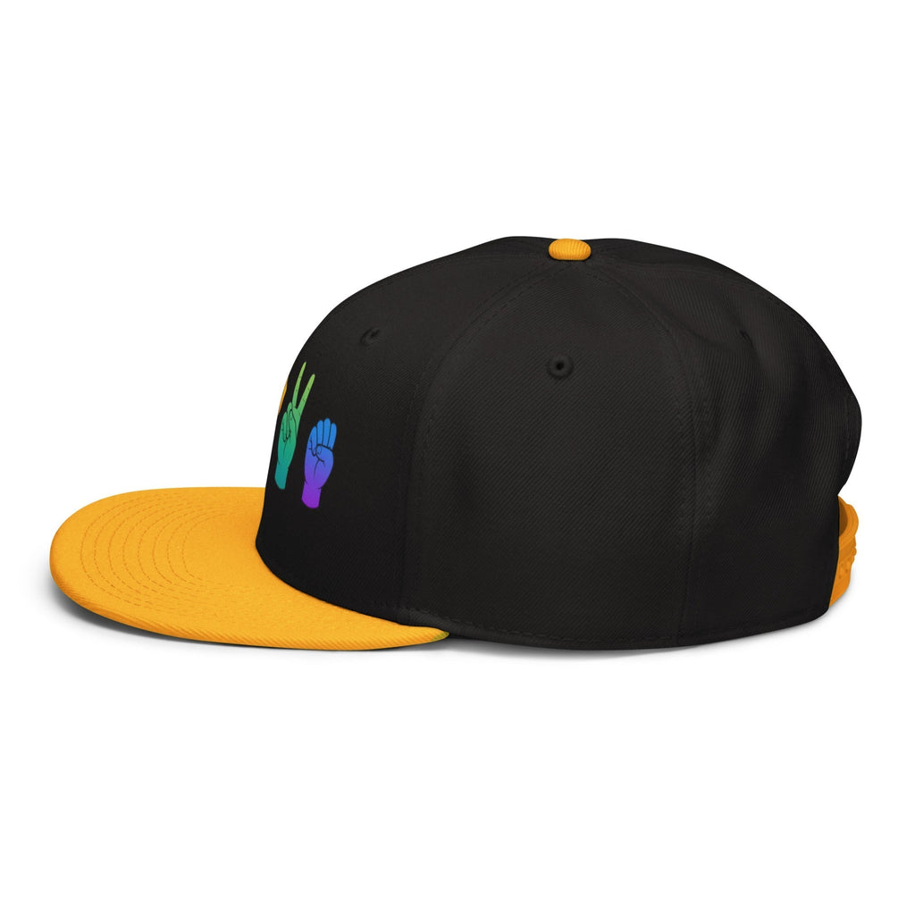 Flaunt It unisex snapback cap in black with a yellow brim featuring rainbow American Sign Language LOVE hand signs.