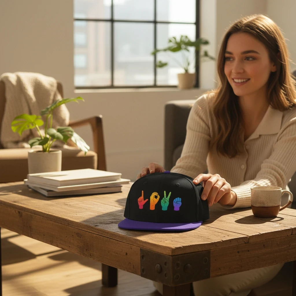 Flaunt It black snapback cap featuring rainbow American Sign Language hand signs spelling LOVE on a wooden table