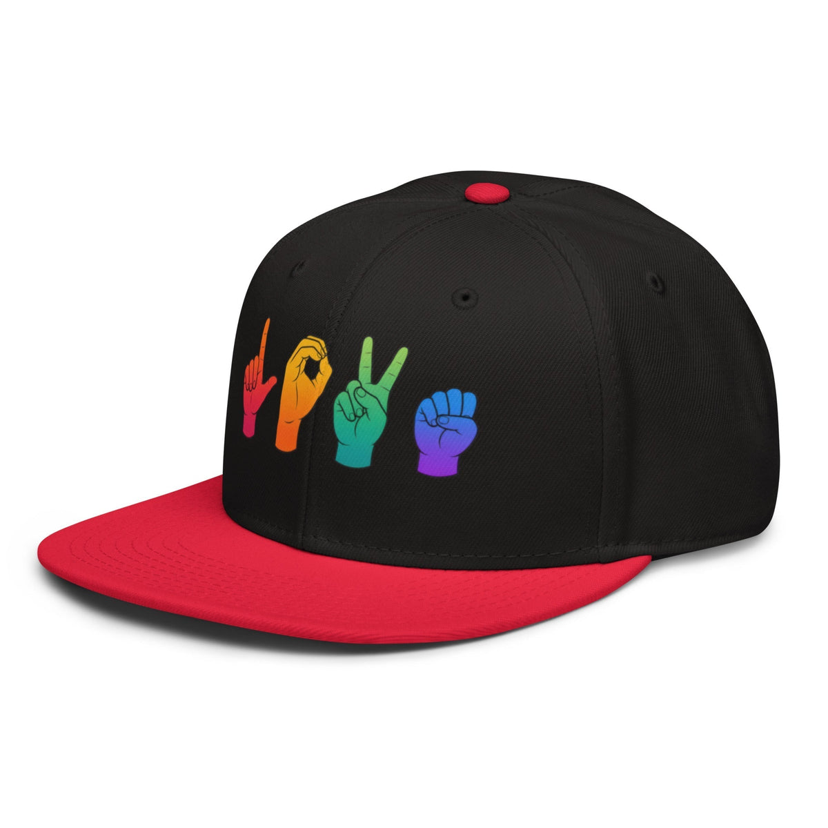 Flaunt It snapback cap featuring the word LOVE in rainbow American Sign Language hand signs on a black and red hat.