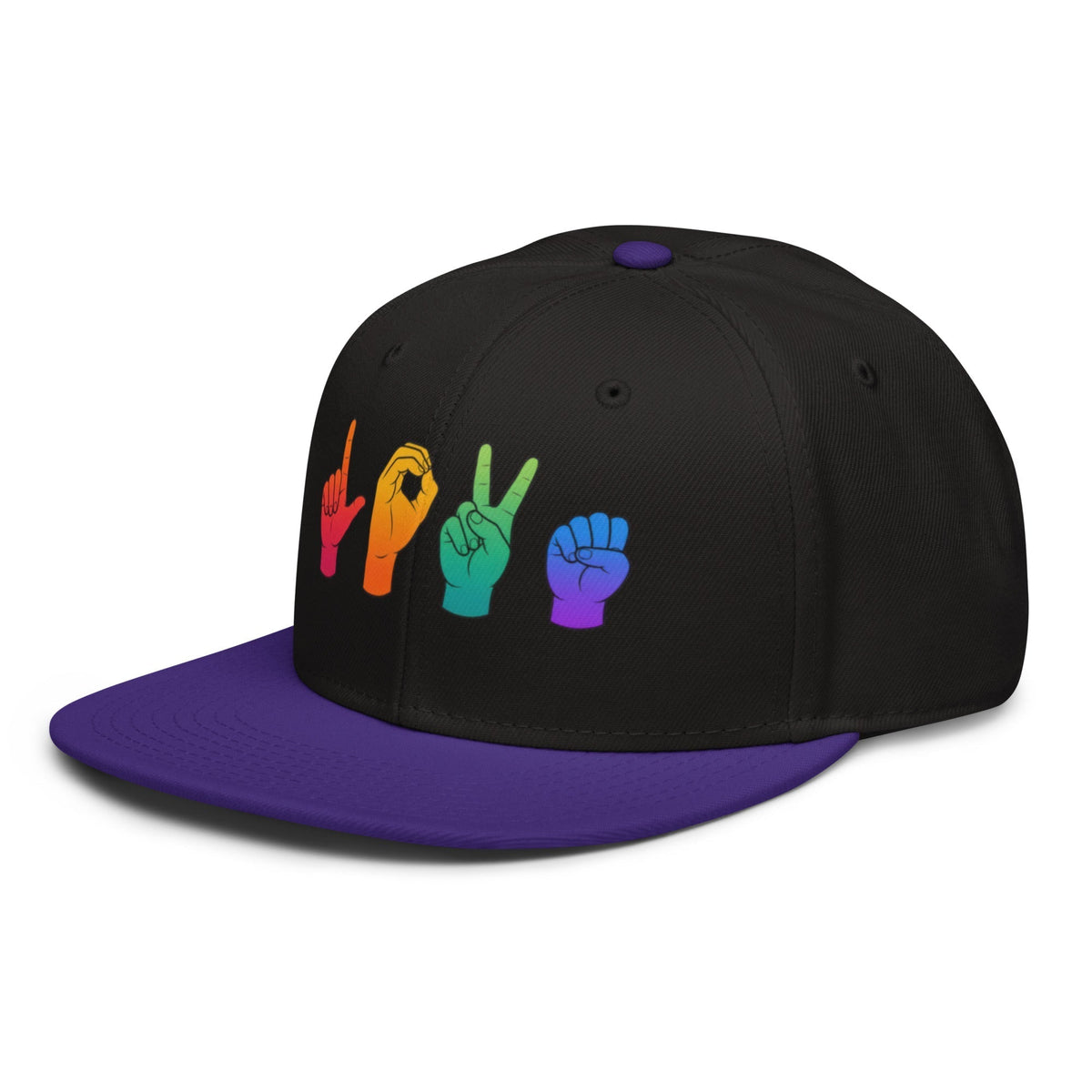 Flaunt It black snapback cap featuring LOVE in rainbow American Sign Language hand signs with a purple flat visor