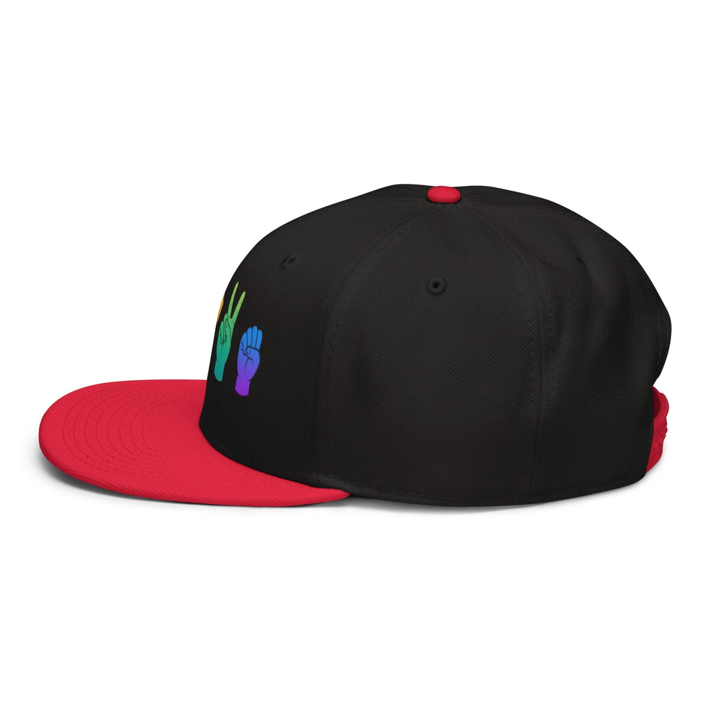 Flaunt It snapback cap featuring rainbow American Sign Language hand signs spelling LOVE on a black structured crown.