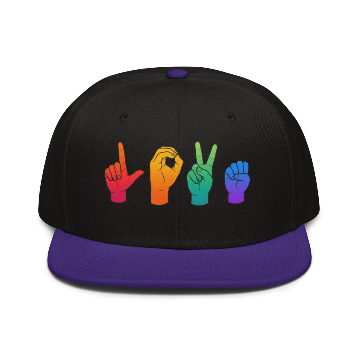 Flaunt It snapback cap featuring rainbow American Sign Language hand signs spelling LOVE on a black and purple hat