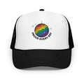 Flaunt It structured 5-panel trucker cap in black and white featuring a rainbow disco ball graphic and text.