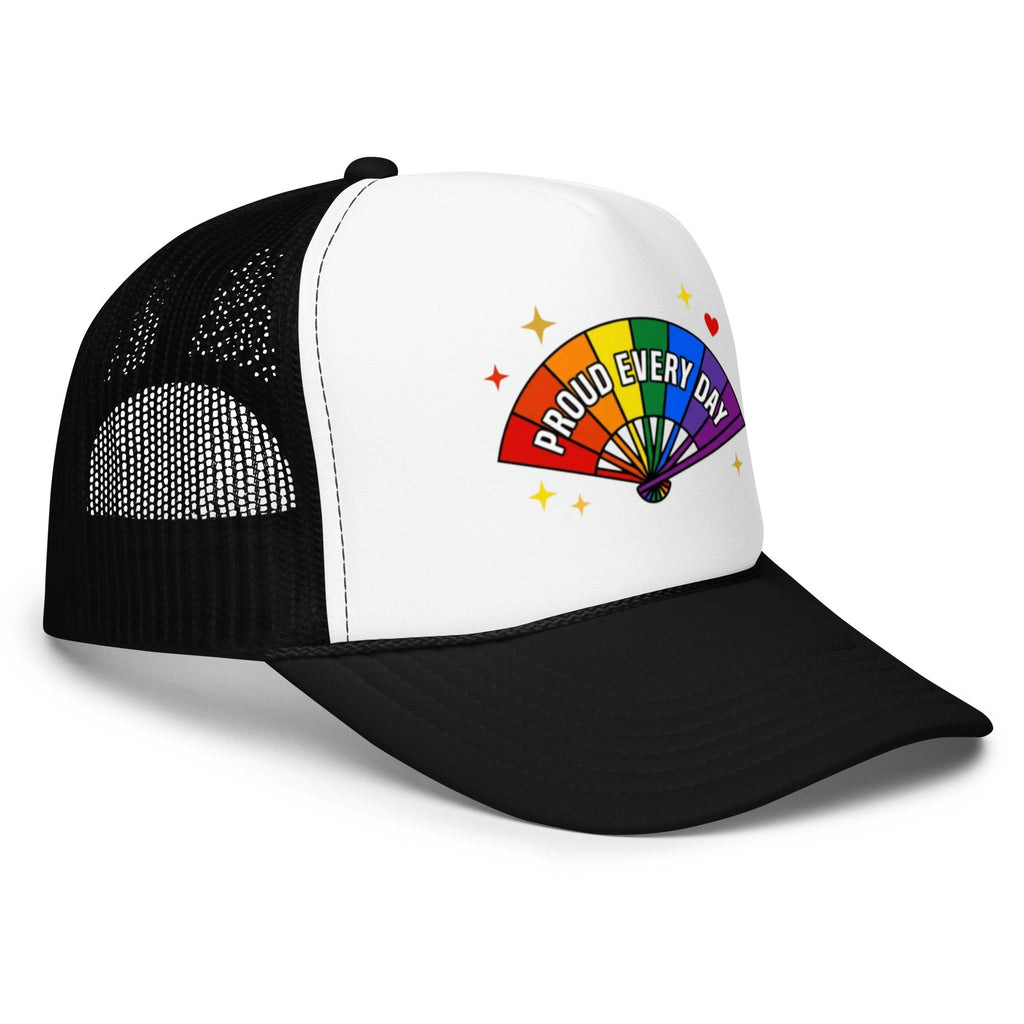 Flaunt It Proud Every Day foam trucker hat with a white front panel, black mesh back, and rainbow fan graphic.