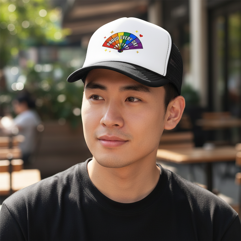 Flaunt It unisex foam trucker hat with a white front panel, black mesh back, and a rainbow fan graphic on the front.