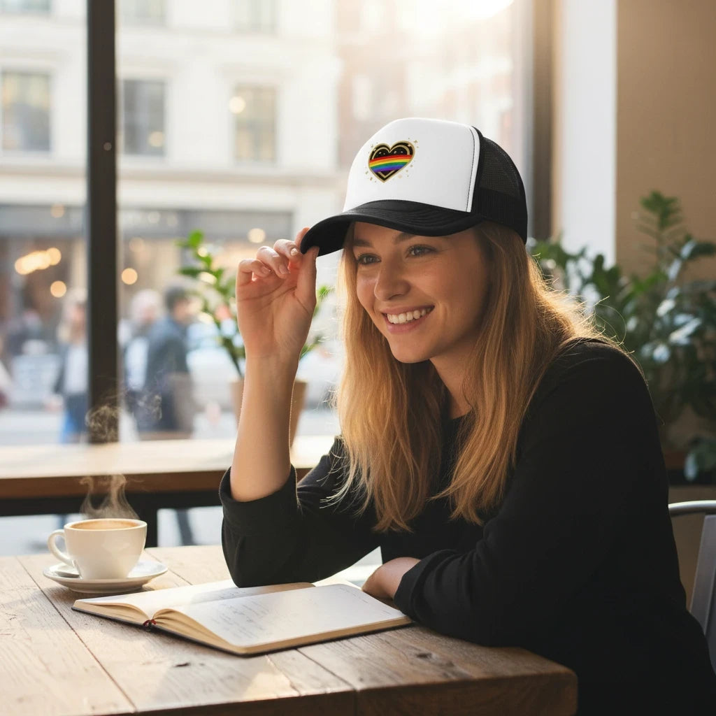 Flaunt It trucker hat with a rainbow heart motif worn by a smiling woman at a cafe table with coffee and a book