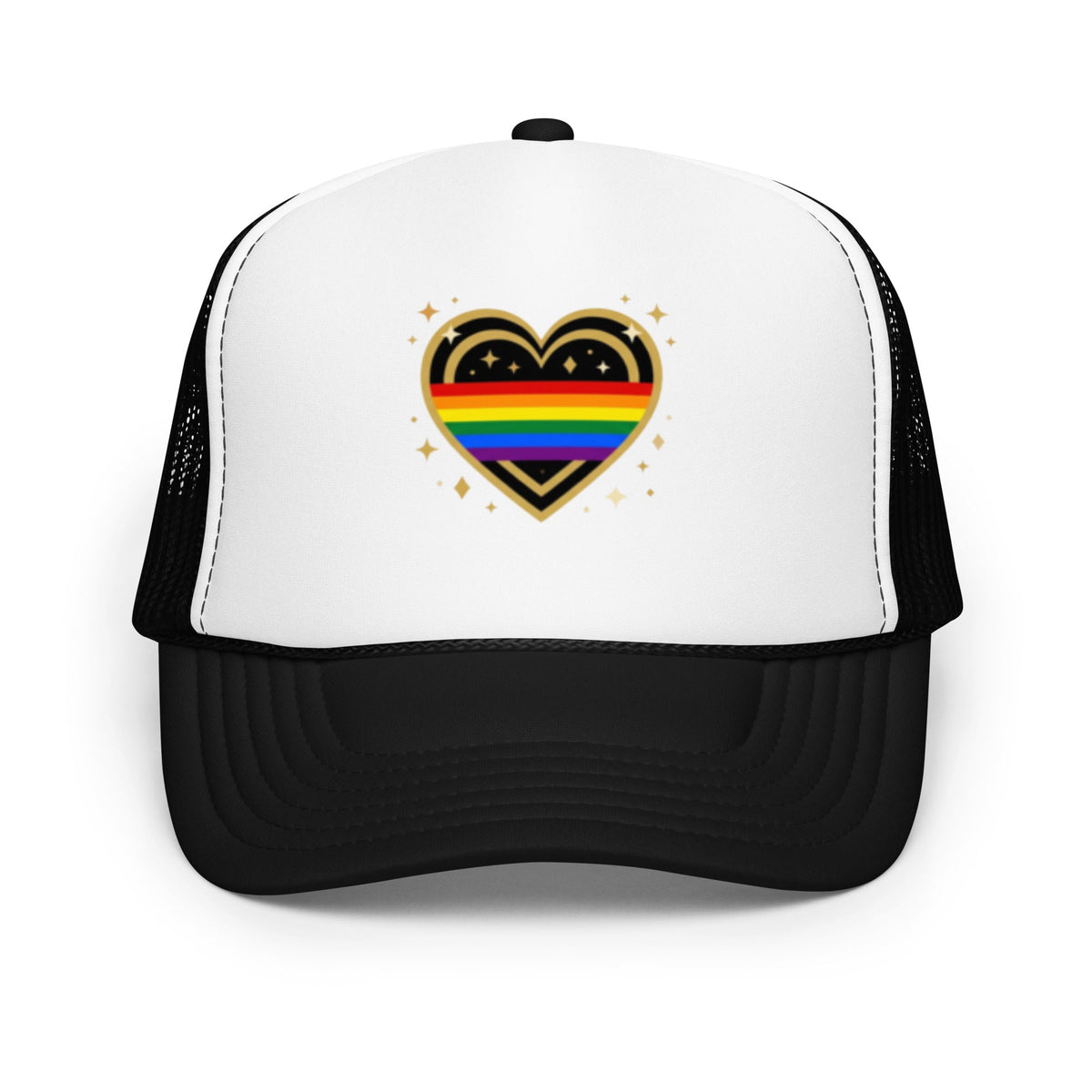Flaunt It trucker cap featuring a white foam front panel with a rainbow heart graphic and black mesh back.